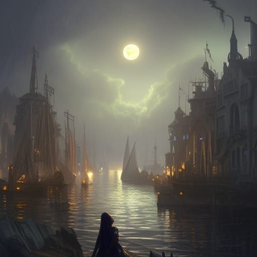 Moon Elf Island Harbor in Art Nouveau Style