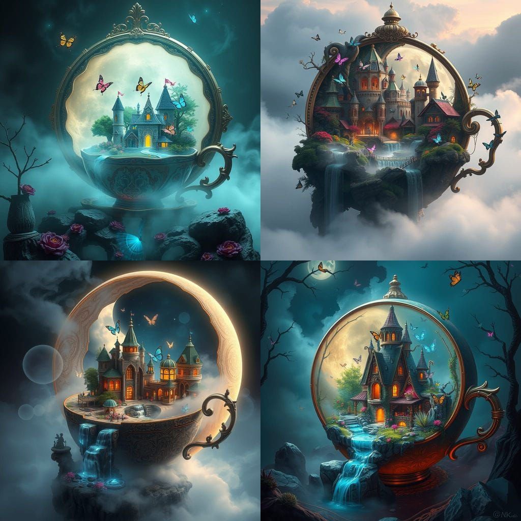 Fantasy Village in Moon Teacup with Bioluminescent Butterfli...