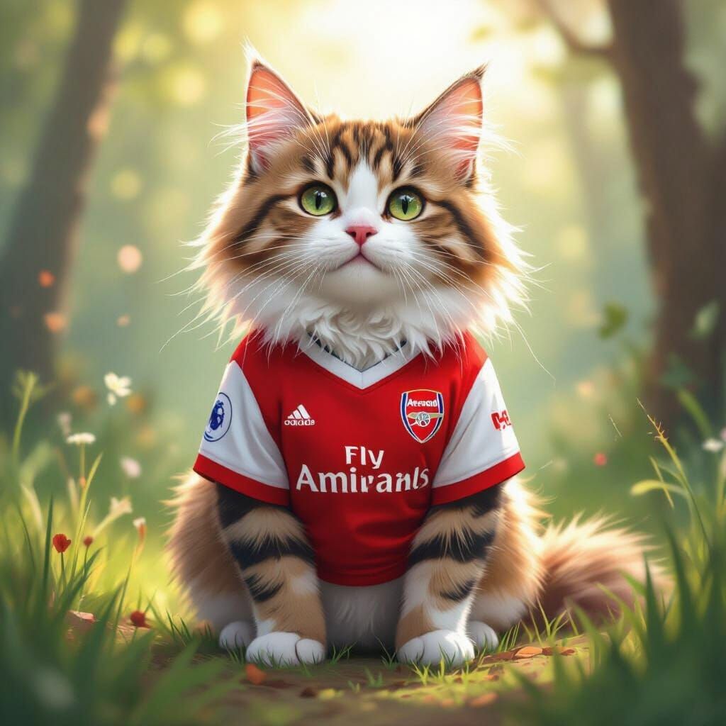 Cat in Arsenal Shirt: Digital Watercolor Realism