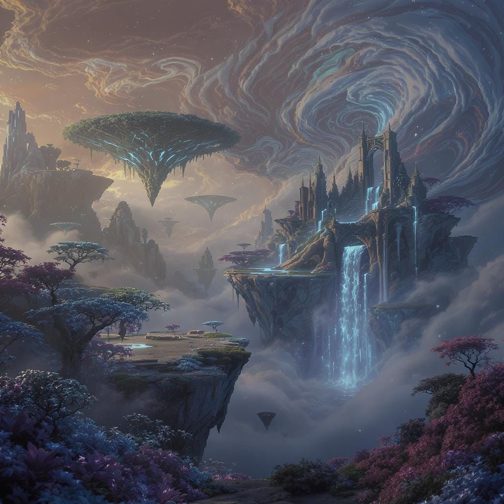 Floating Islands and Ruins in Golden Light