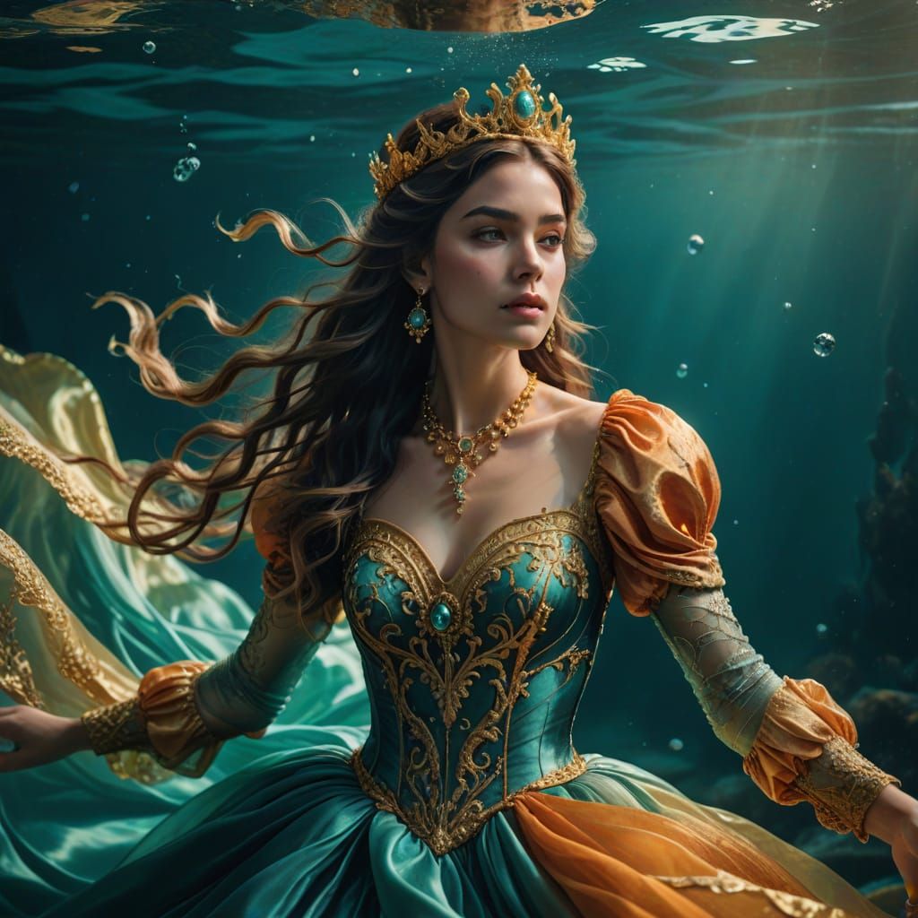 Ethereal Underwater Beauty in Baroque-Inspired Orange Gown