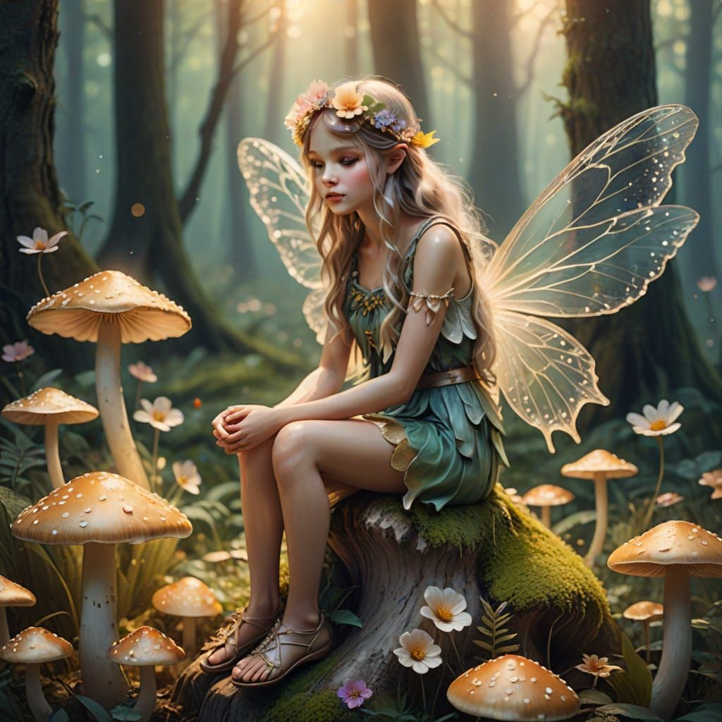 Flower Fairy on Mushroom in Pastel Colors