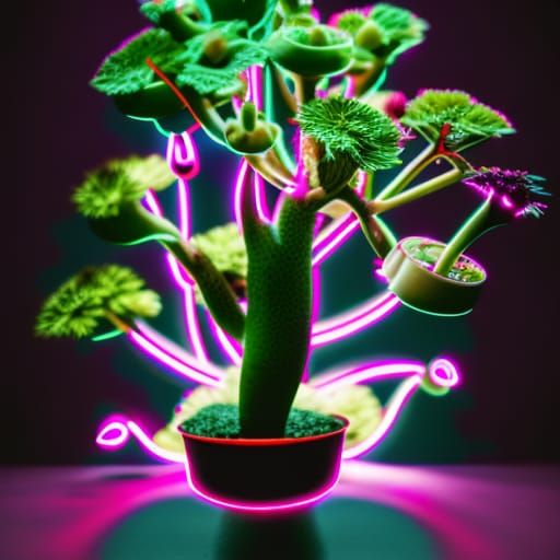 Surreal Bonsai with Furry Creatures in Psychedelic Neon
