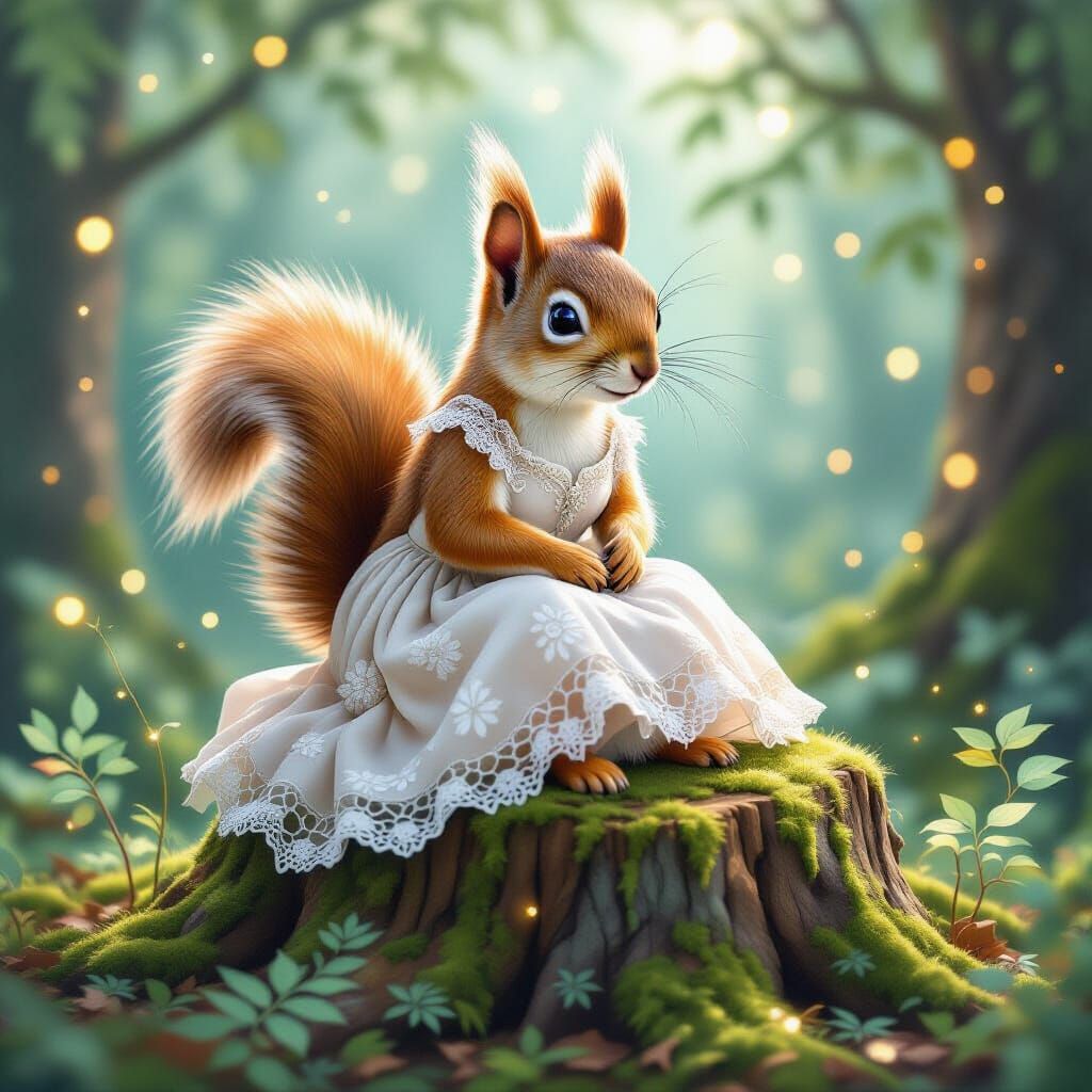 Squirrel in Lace Dress on Tree Stump: Watercolor Style