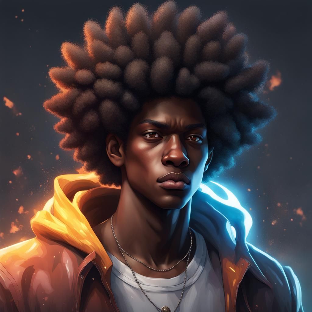 Afro Super Saiyan Teen Portrait in Anime Style