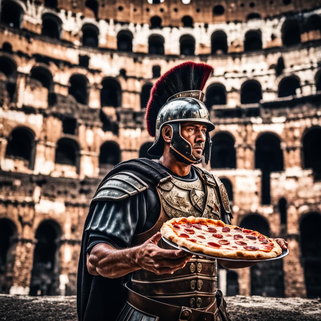 Roman Soldier Enjoys Pizza at the Colosseum