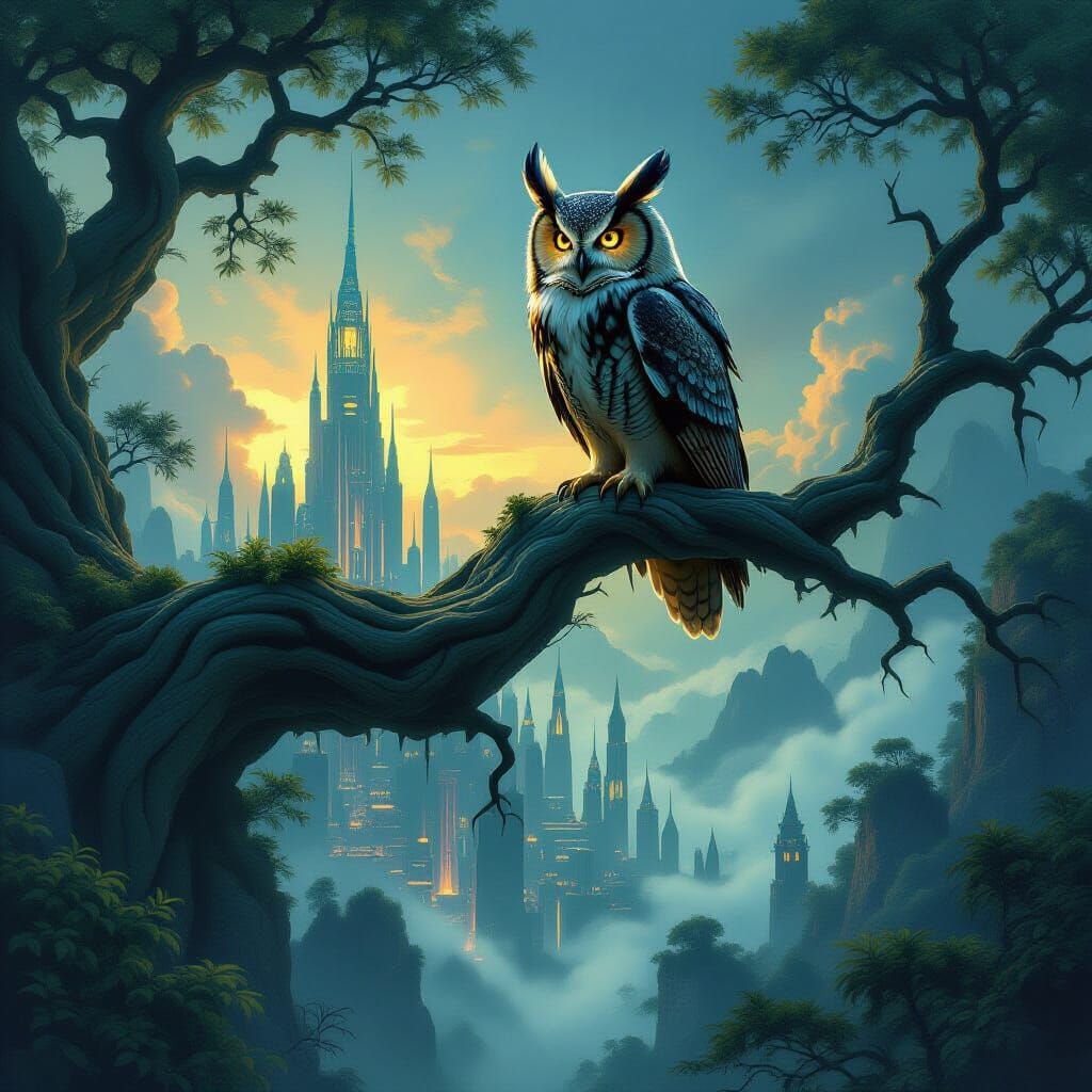 Majestic Owl on Gnarled Branch Over Futuristic City