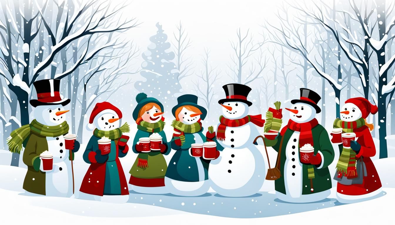 Festive Christmas Carolers with Snowman and Cocoa