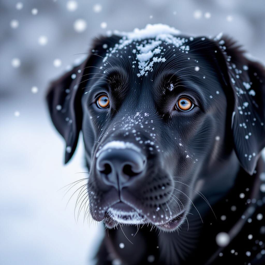 Black Labrador with Snow on Head in Serene Winter Scene