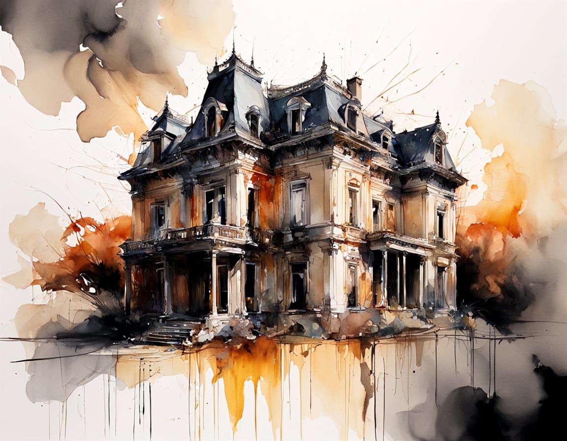 Abandoned Mansion in Deconstructive Watercolour Style