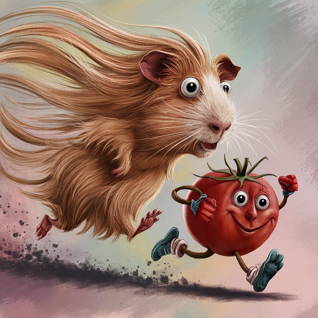 Whimsical Guinea Pig Pursues Cartoon Tomato