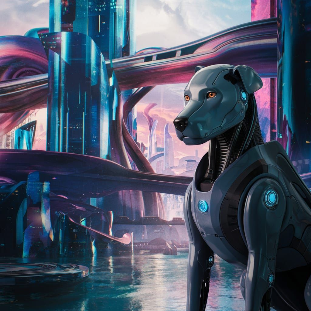 Robotic Dog Detective in Futuristic City Movie Poster