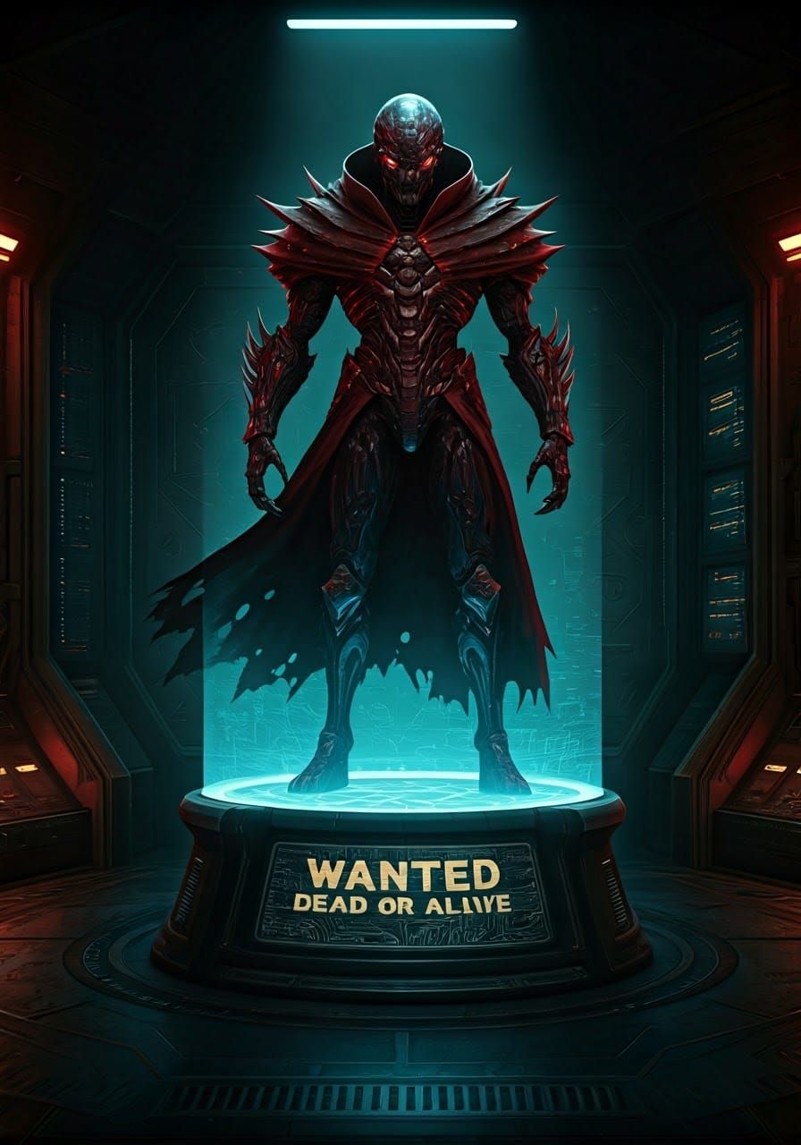 3D holographic wanted poster image of an evil Alien criminal...