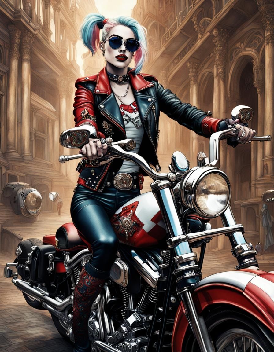 Harley Quinn on Motorcycle in Rococo Style