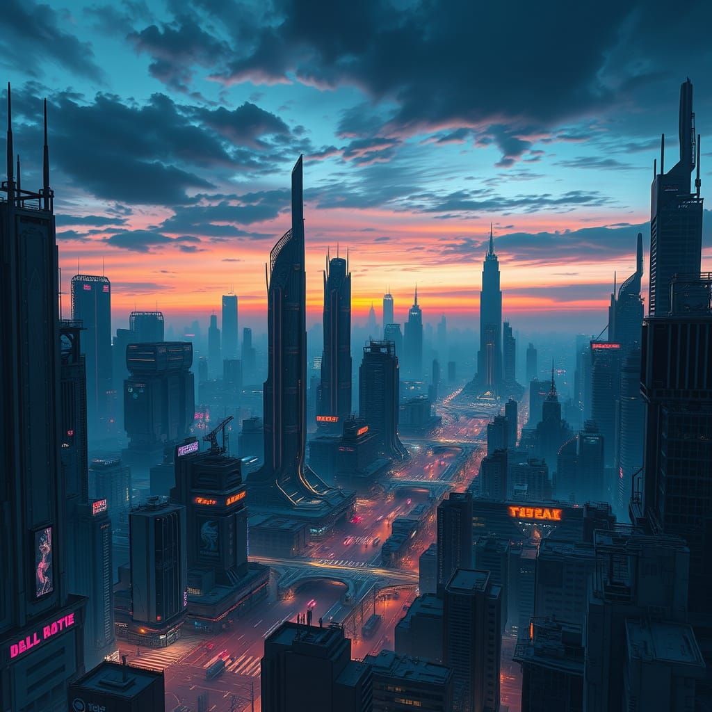 Cyberpunk Metropolis in Futuristic Twilight