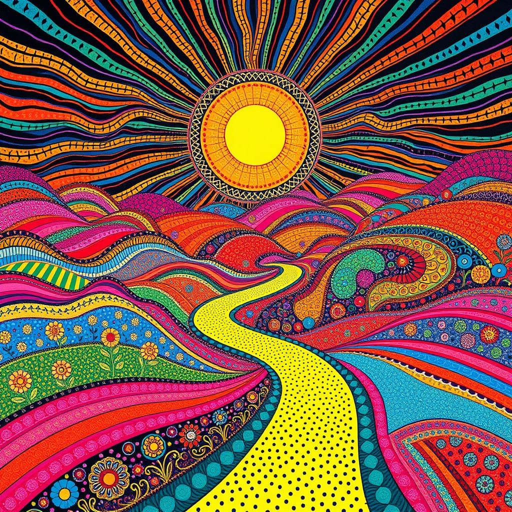 Psychedelic Landscape with Yellow Path and Whimsical Pattern...
