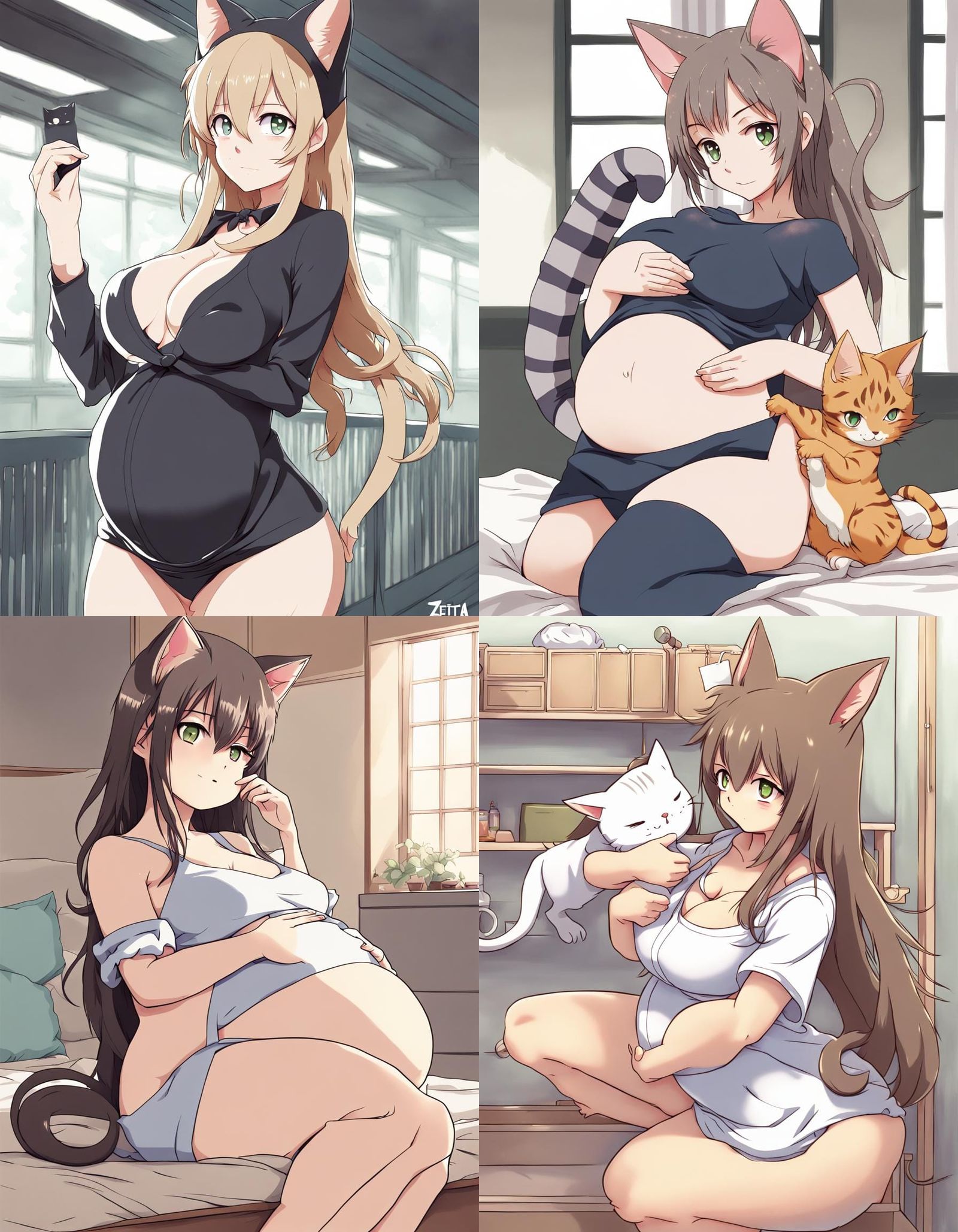 Pregnant Anime Catgirl in Manga Style