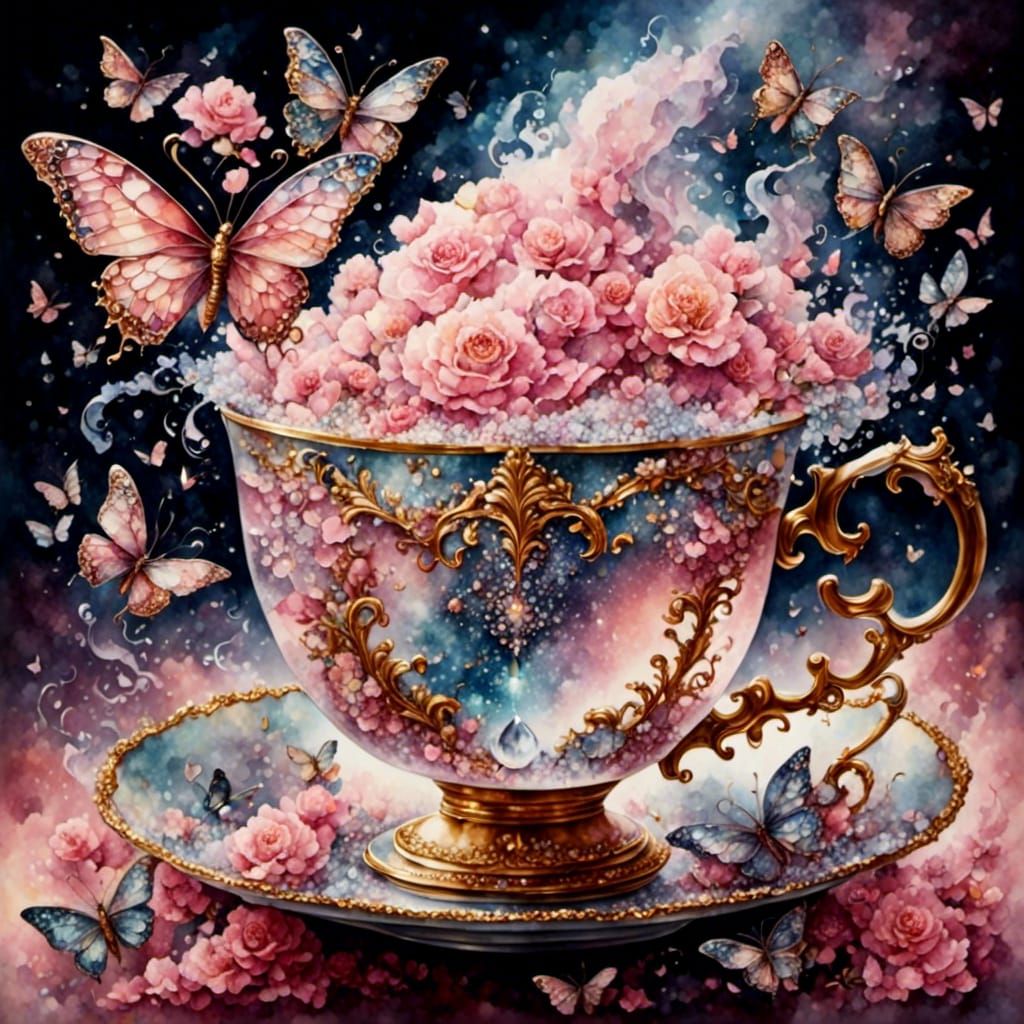 Magical Pink Tea with Butterflies in Watercolor