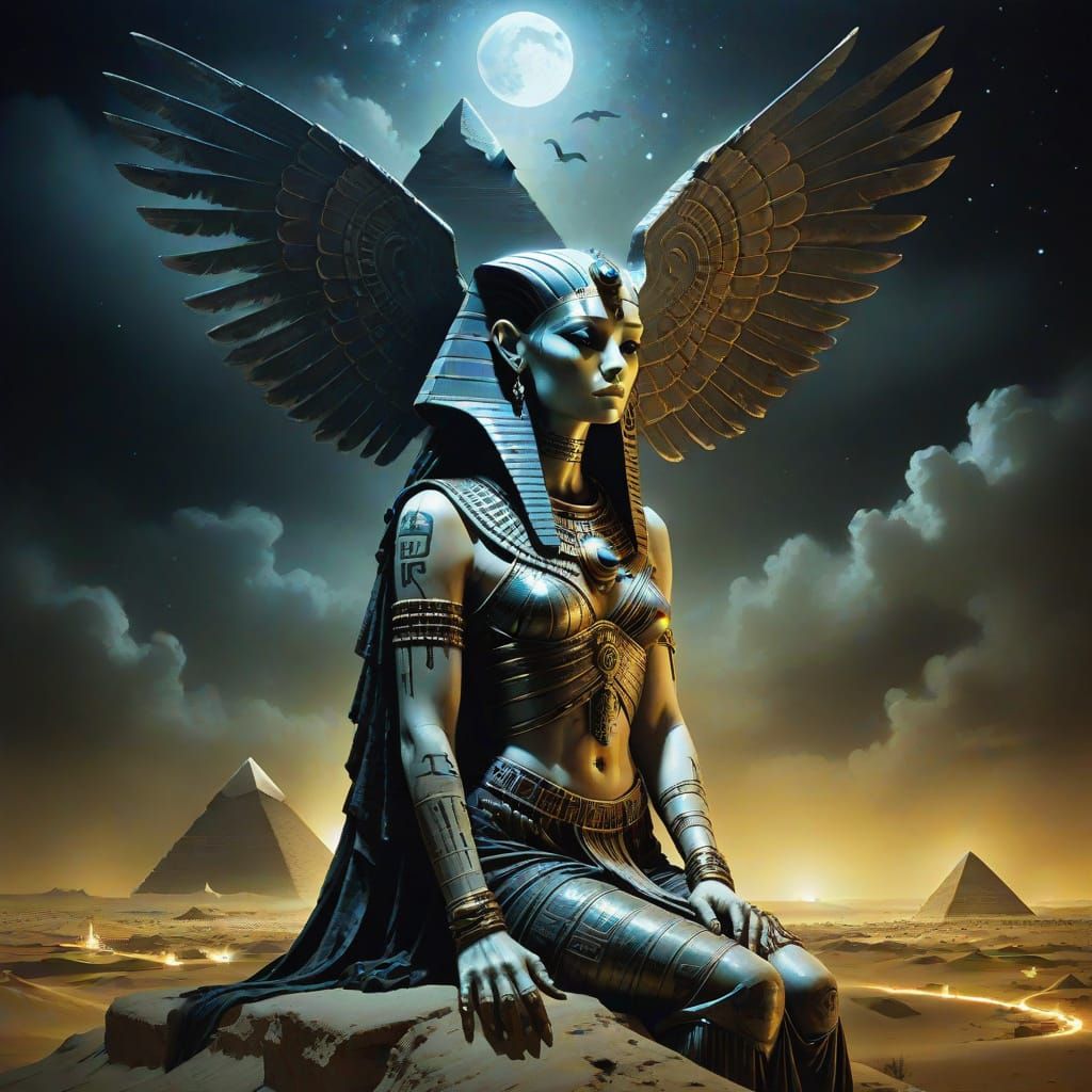 Egyptian Goddess in a Dystopian Nightscape, Ink on Silk