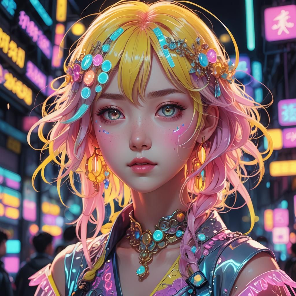 Kawaii Girl with Yellow Hair in Pastel Anime Style