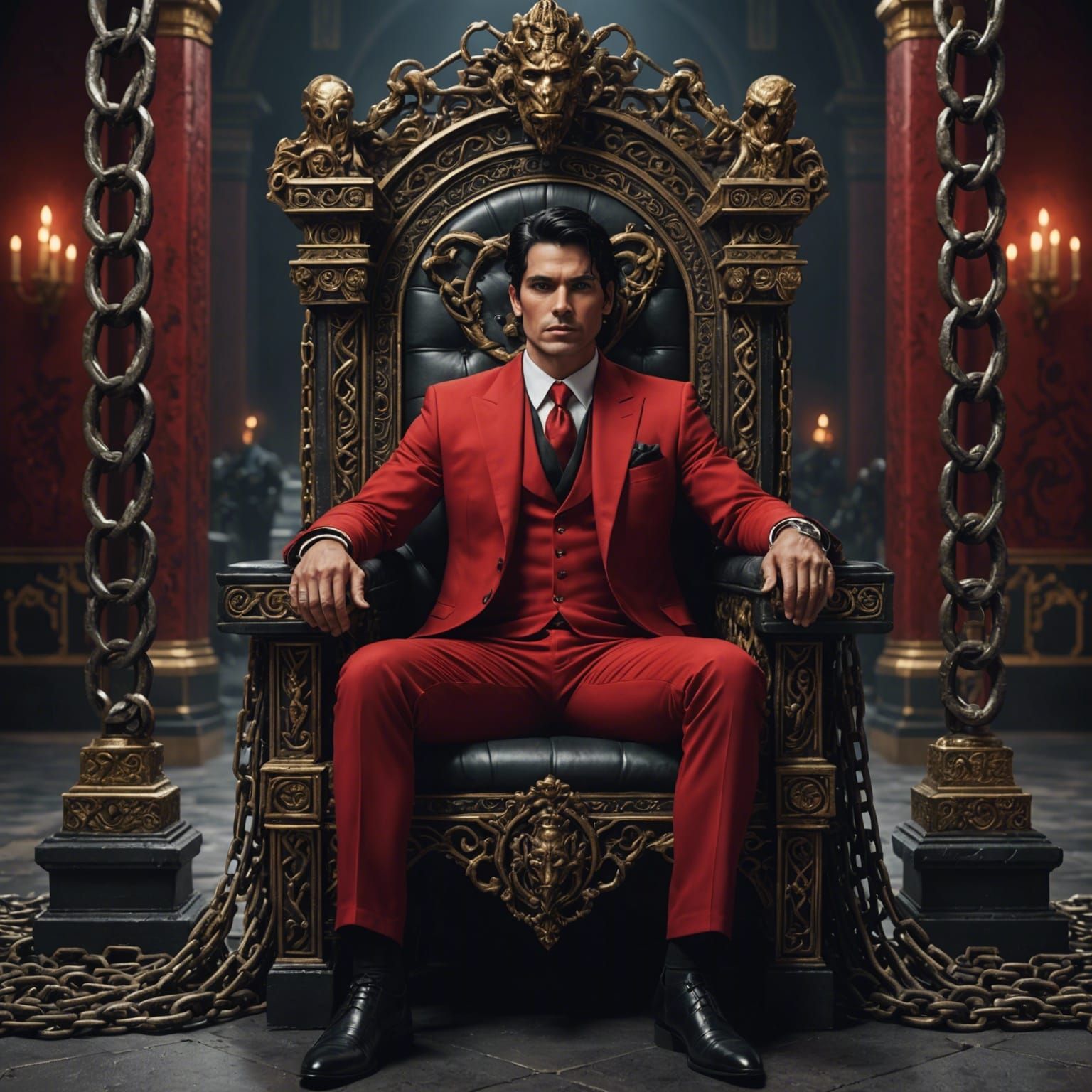 Man on Chain Throne in Detailed Matte Painting Style
