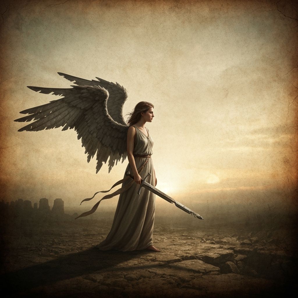 Angel on Ancient Battlefield in Melancholic Sunset Light
