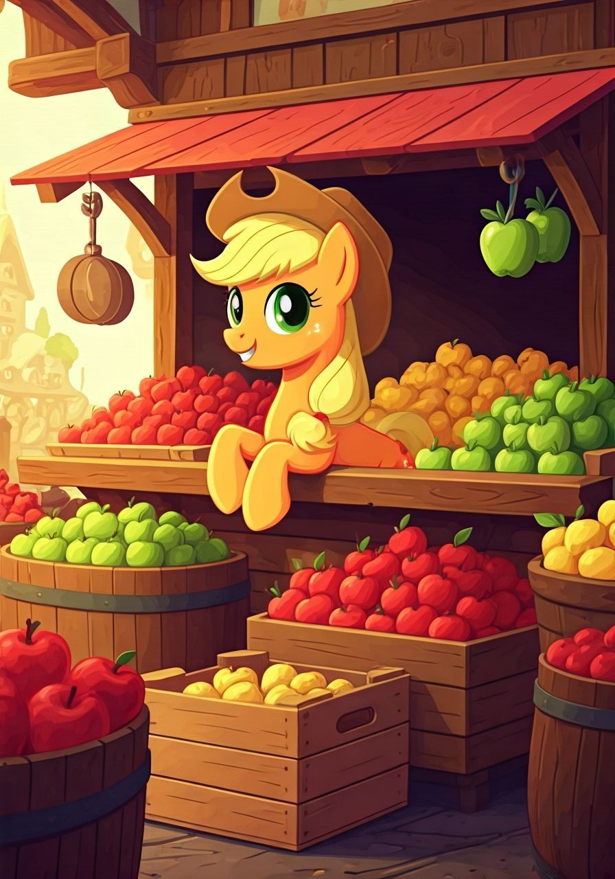 Applejack Cowboy Posing in Bustling Ponyville Farmstand