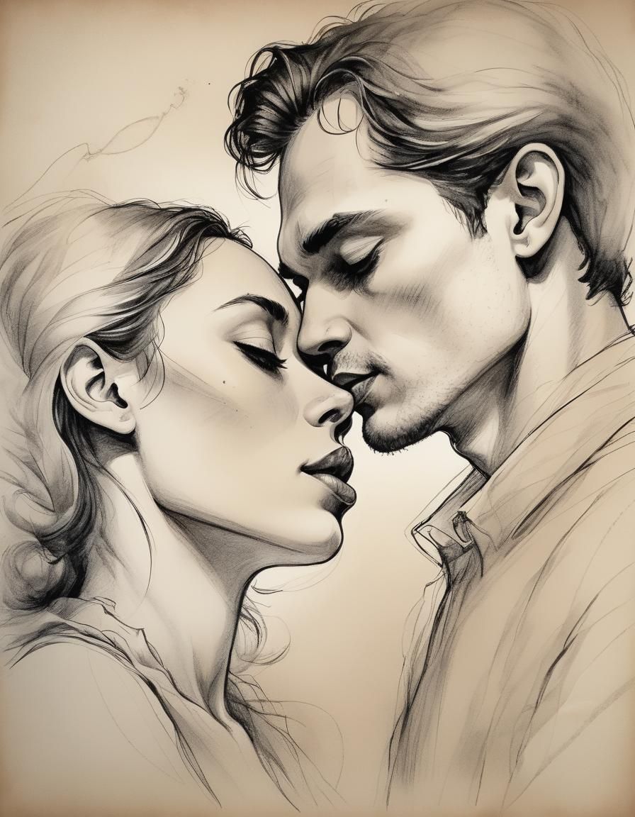 Romantic Kiss in Pen and Ink on Parchment