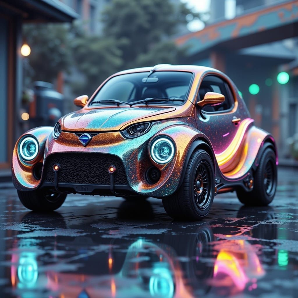 Futuristic Daihatsu Midget Type 2 Bubble Car in Cyberpunk St...