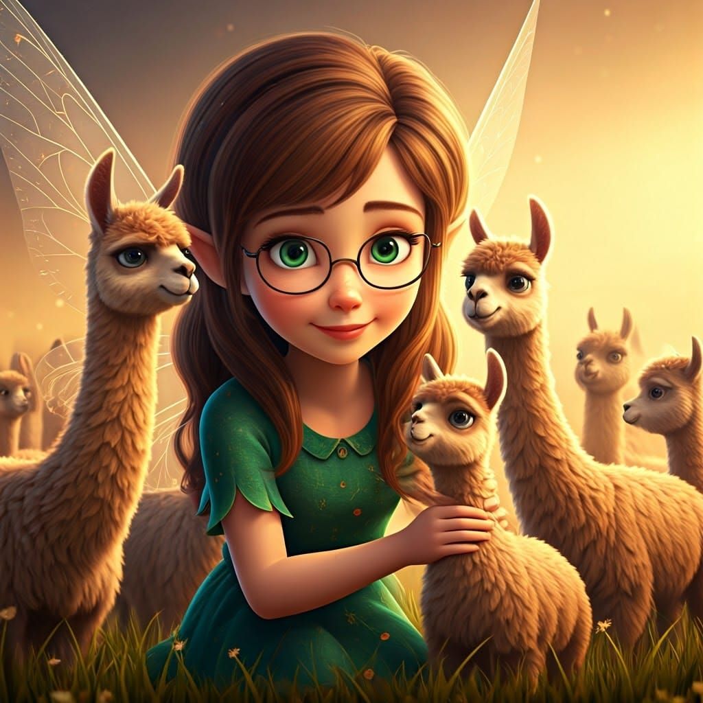 Enchanted Fairy Plays with Llama Herd in Vibrant Meadow