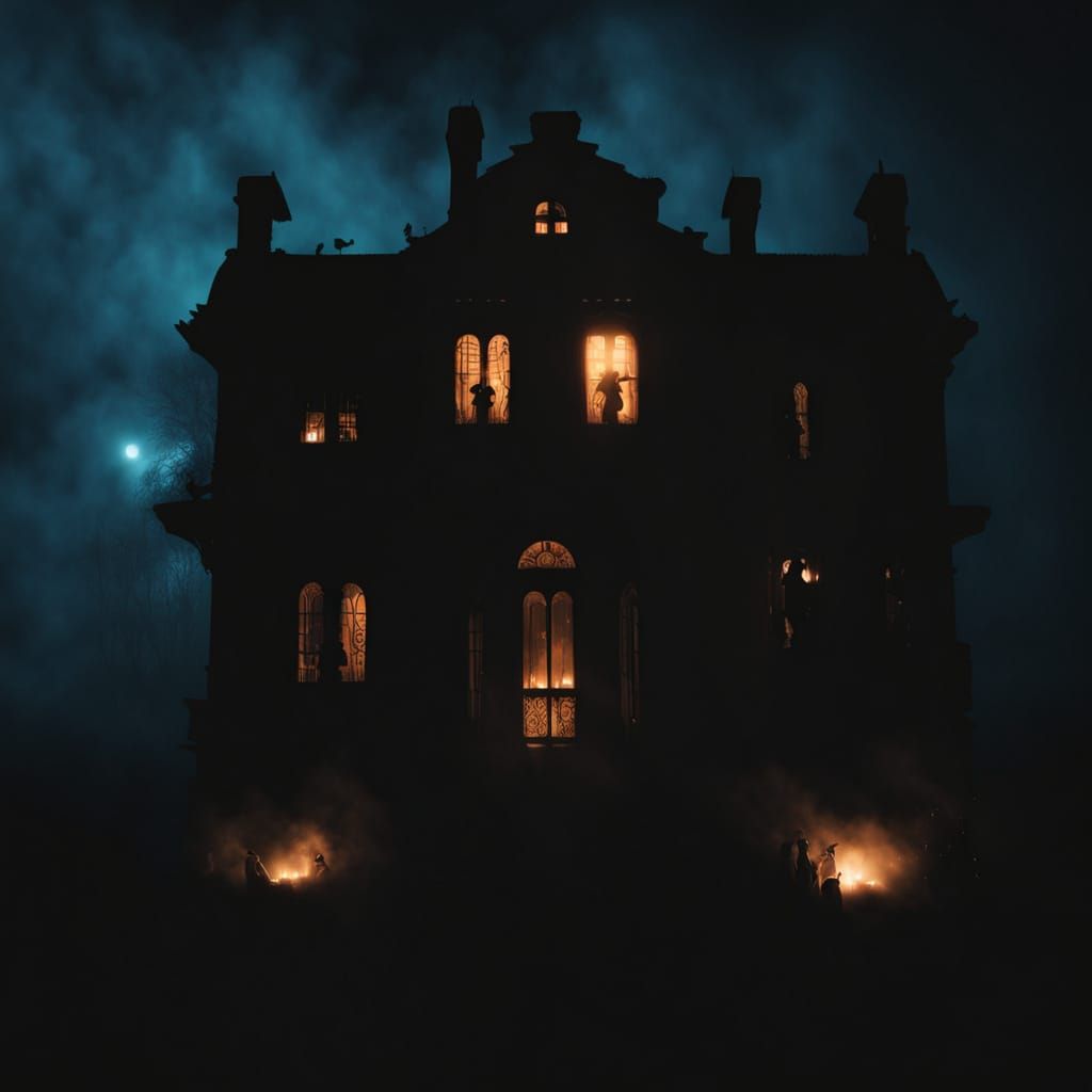 Spooky Mansion at Night in a Dark, Foggy Landscape