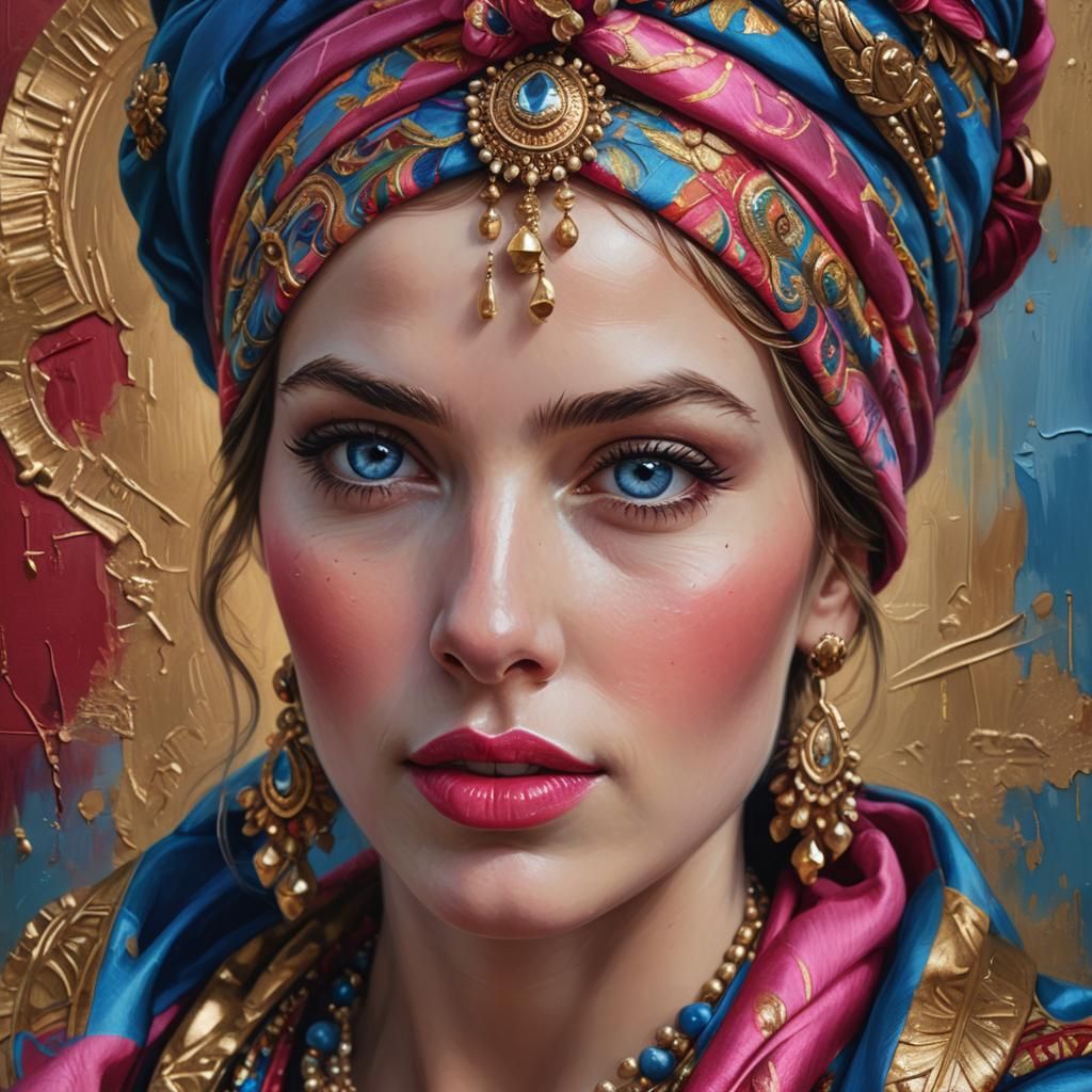 Regal Woman Portrait with Colorful Turban as Oil Painting