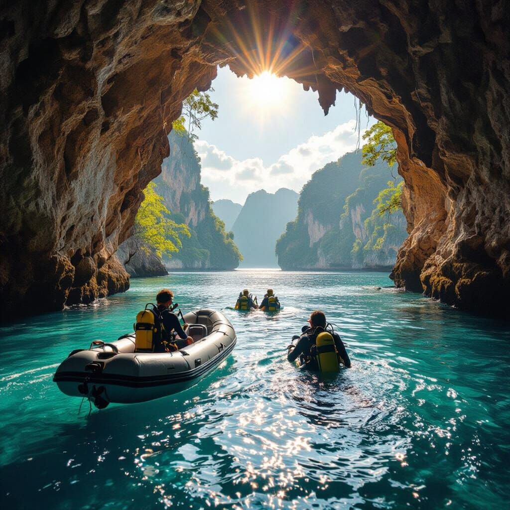 Cave Divers in Thailand: Hyperrealistic Panoramic Vista