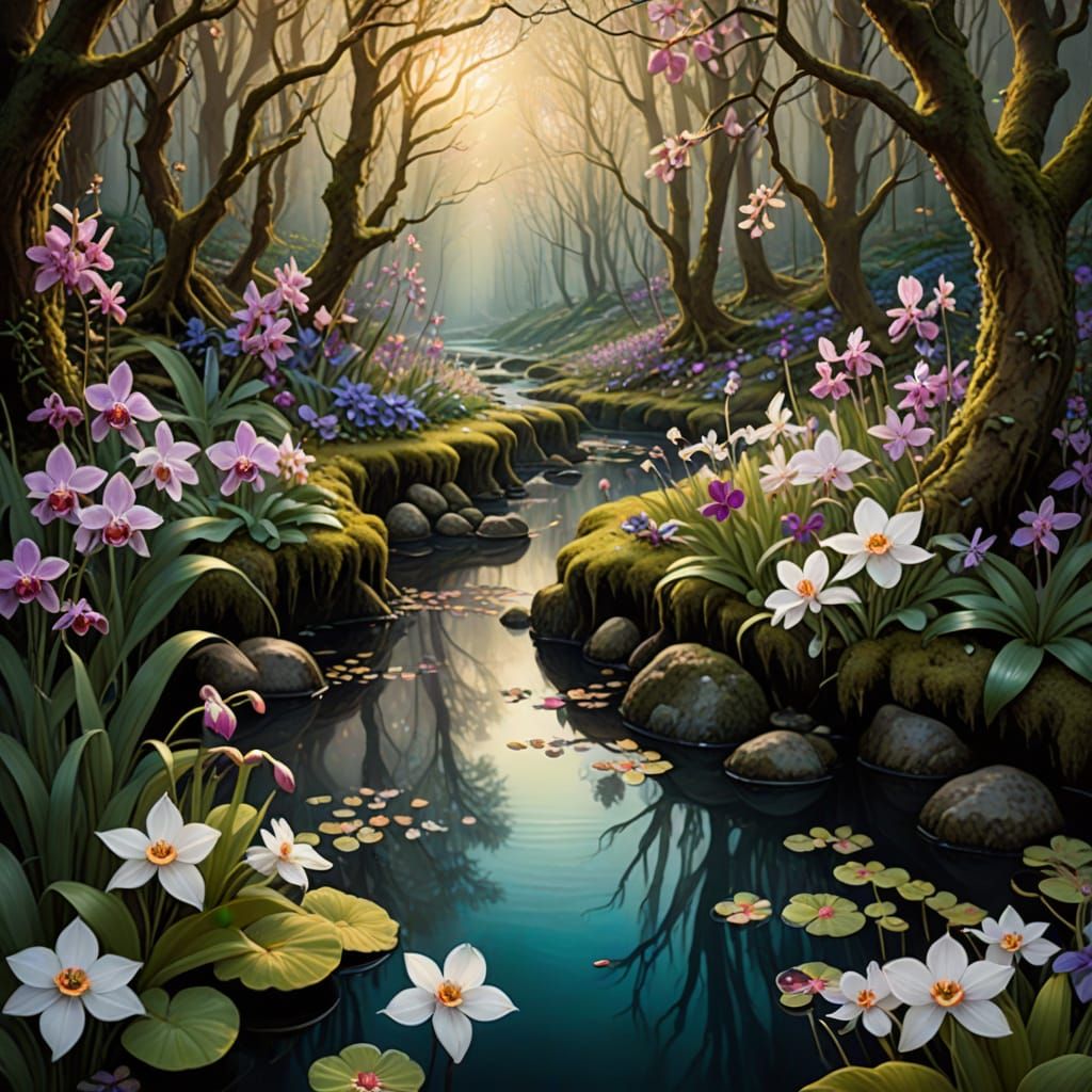 Whimsical Forest Creek with Tables, Fantasy Illustration