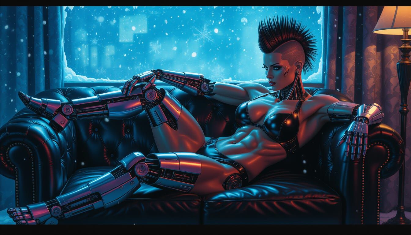 Cyberpunk Bodybuilder Lounges: Hyper-Realistic Digital Oil P...