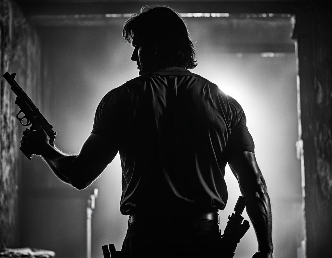 Rambo Silhouette in 80s Noir Film Still