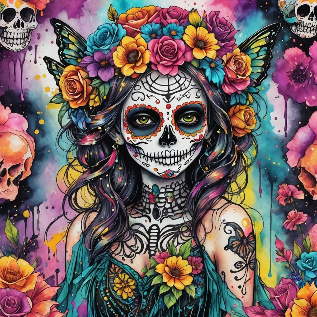 Fairy Sugar Skull in Watercolor and Ink Style