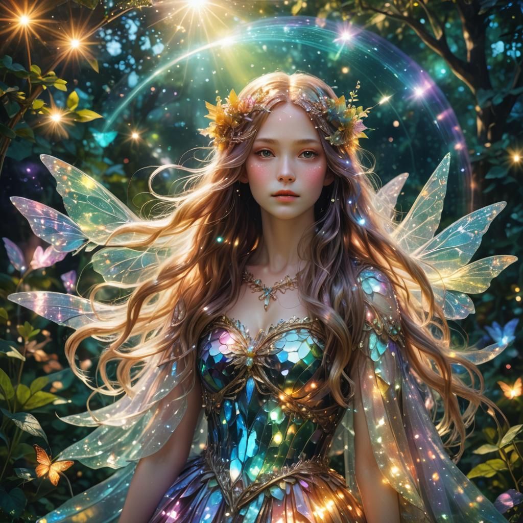Iridescent Fairy in a Glowing Garden