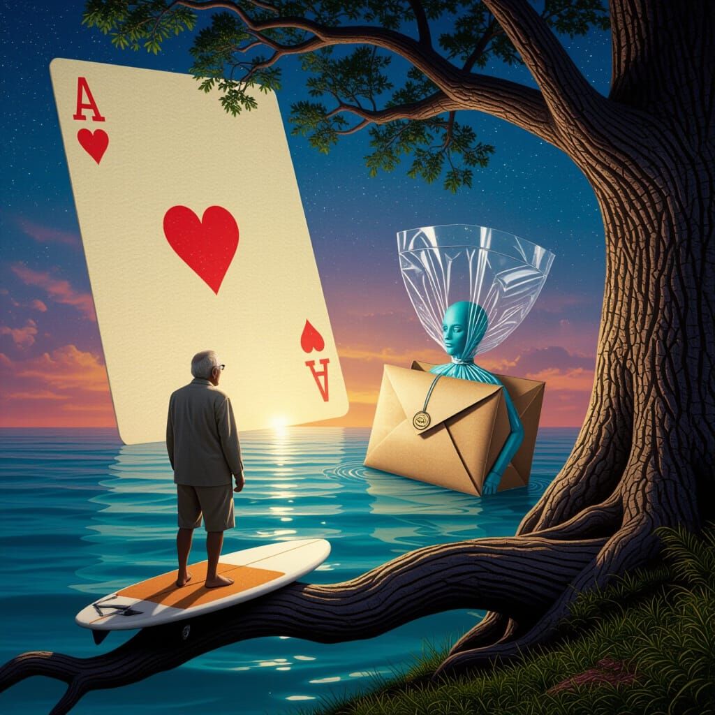 Surreal Scene: Old Man on Surfboard Overlooking Dreamlike Po...