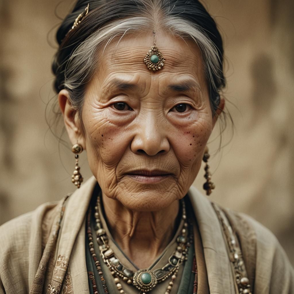 Expressive Close-Up of Old Woman with Jewelry