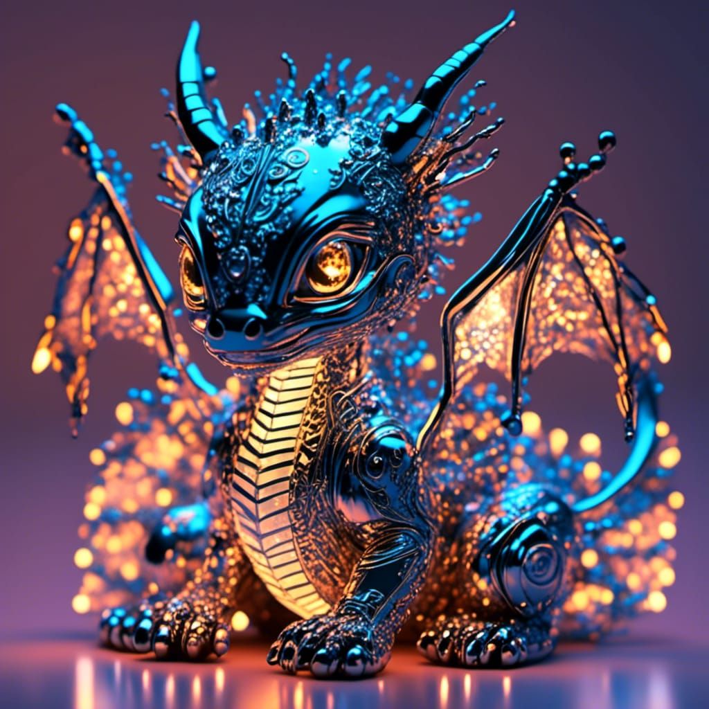 Chibi Mirrored Chrome Dragon with Bioluminescent Circuits