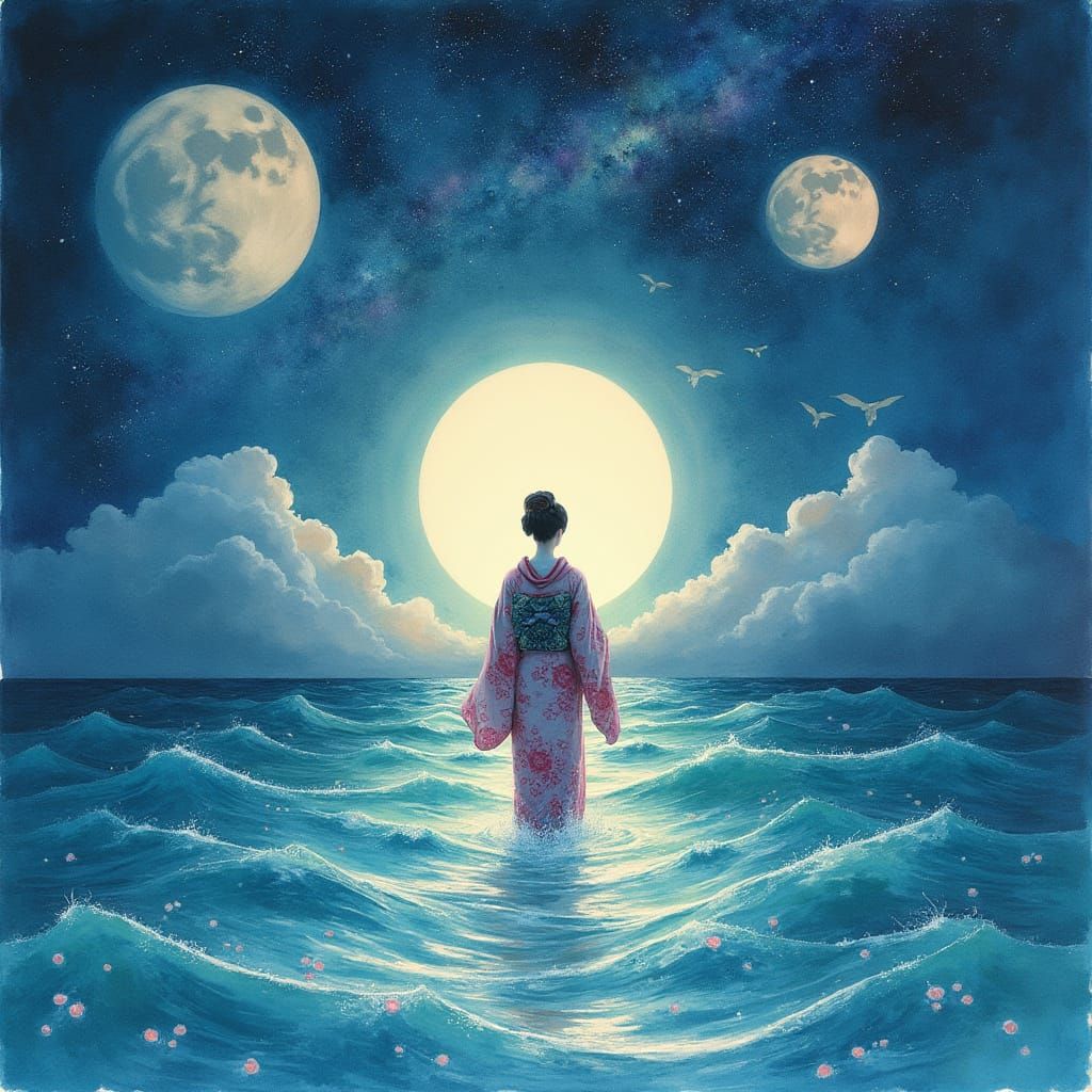 Geisha Steps Through Portal in Watercolor Style