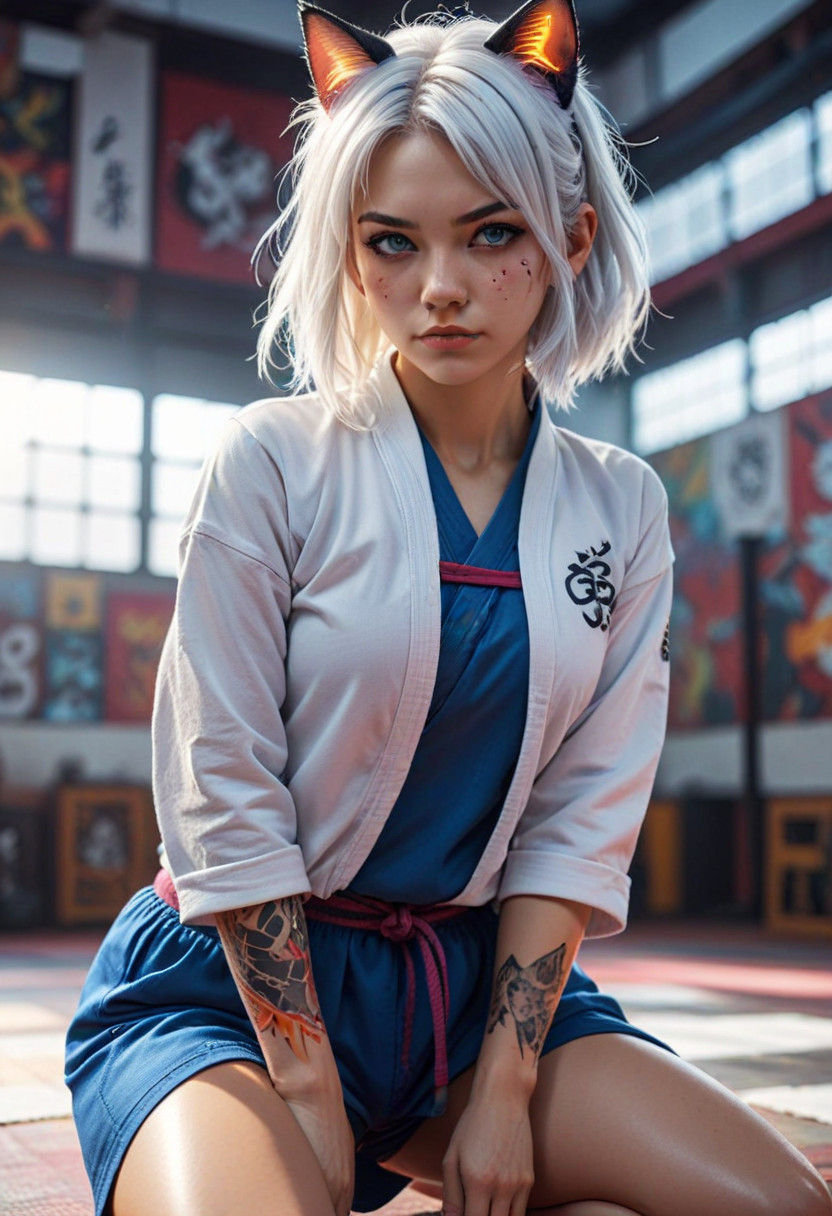 Anime-Inspired Martial Artist in Neon-Lit Dojo