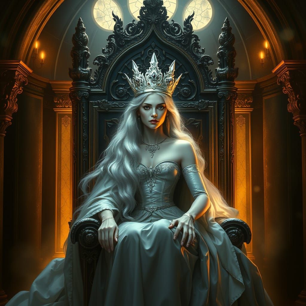 Silver Queen in Dimly Lit Throne Room