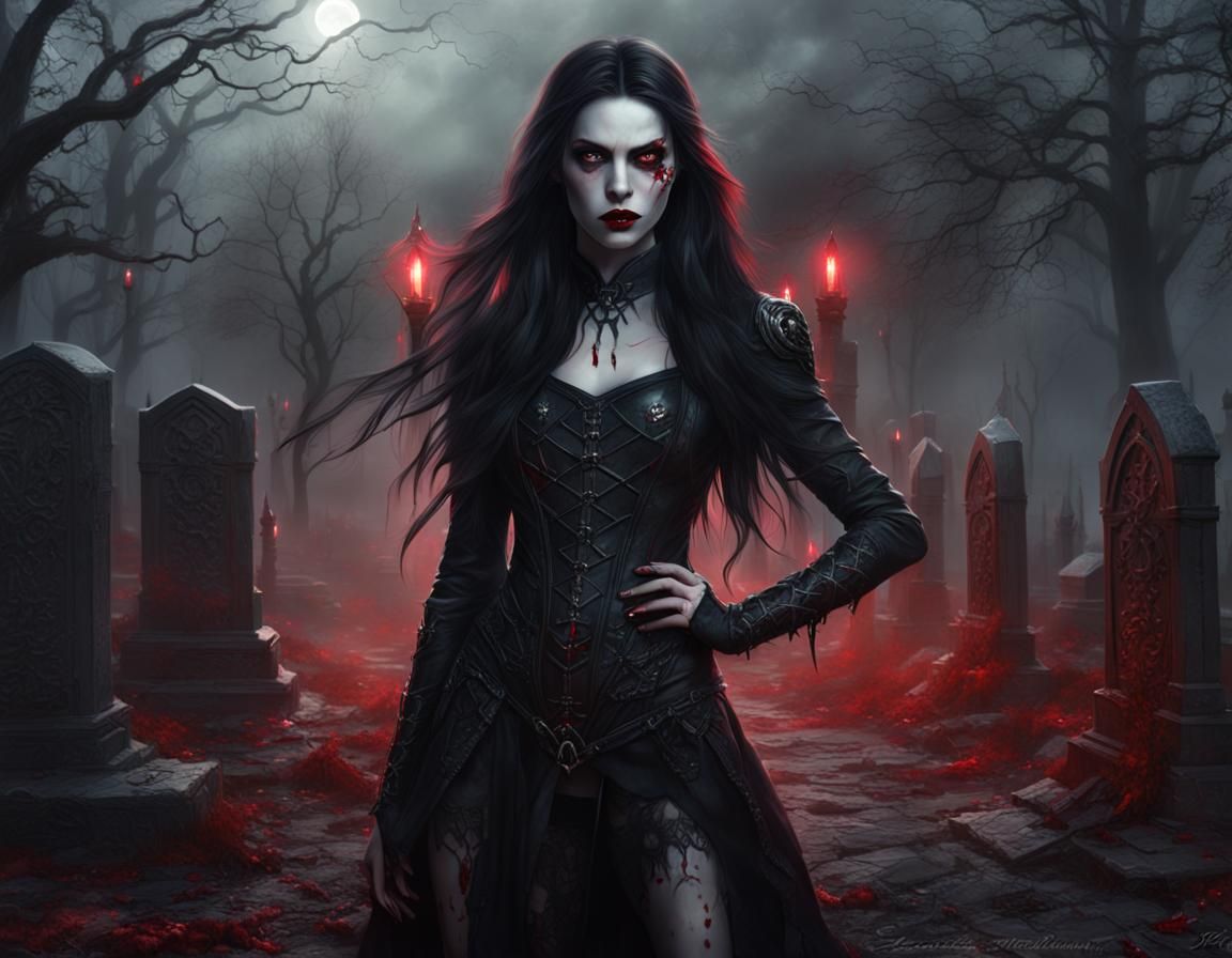 Vampire Elven Girl in Foggy Graveyard, Photorealistic Art