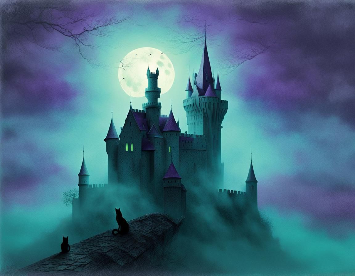 Gothic Castle in Moonlight: A Vibrant Fantasy Illustration