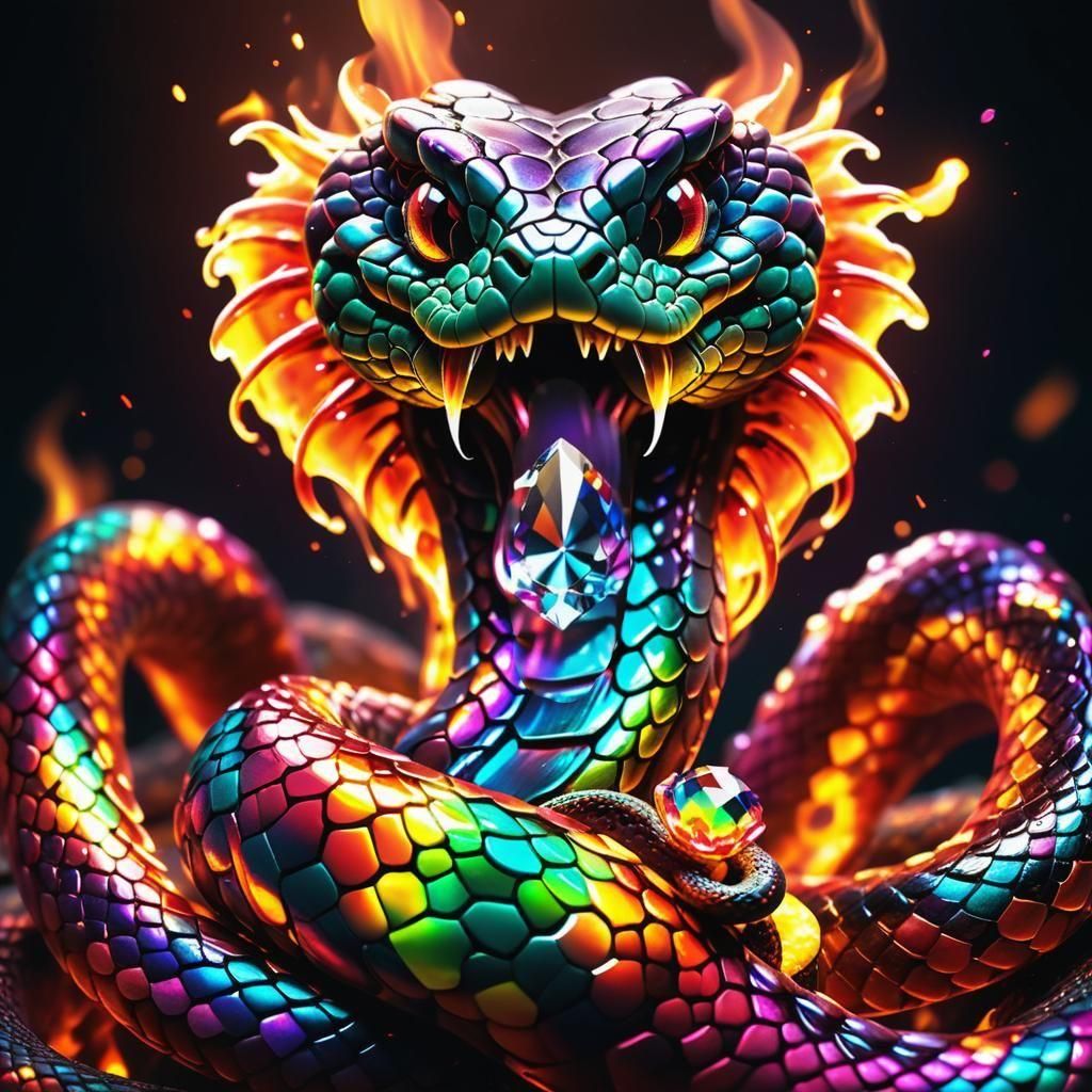 Rainbow Gemstone Fire Snake in Detailed Digital Art