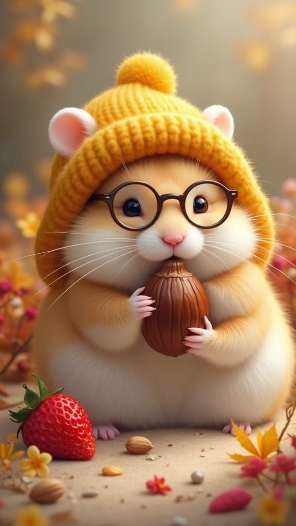 Golden Hamster Wears Yellow Snow Cap, Holding Chestnut