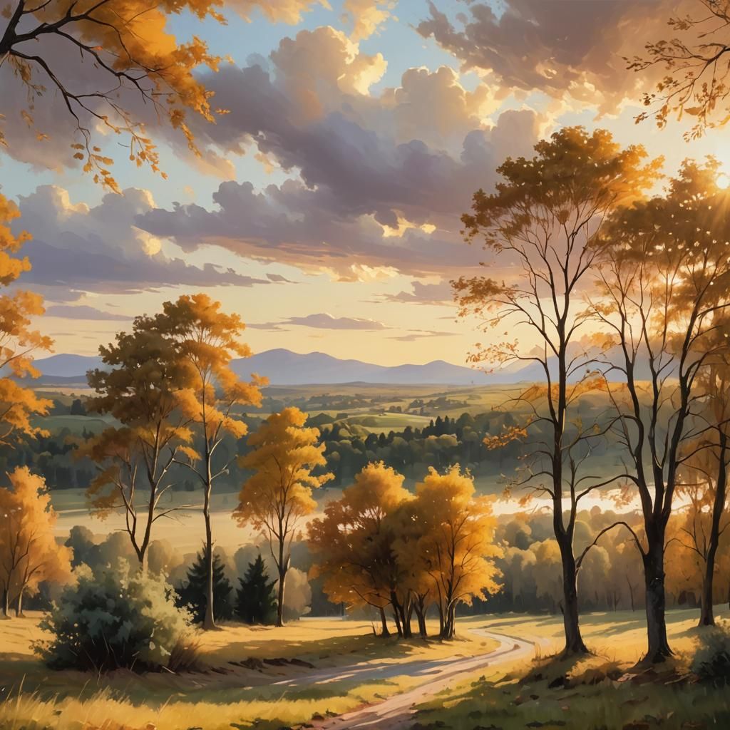 Golden Hour Landscape in En Plein Air Style