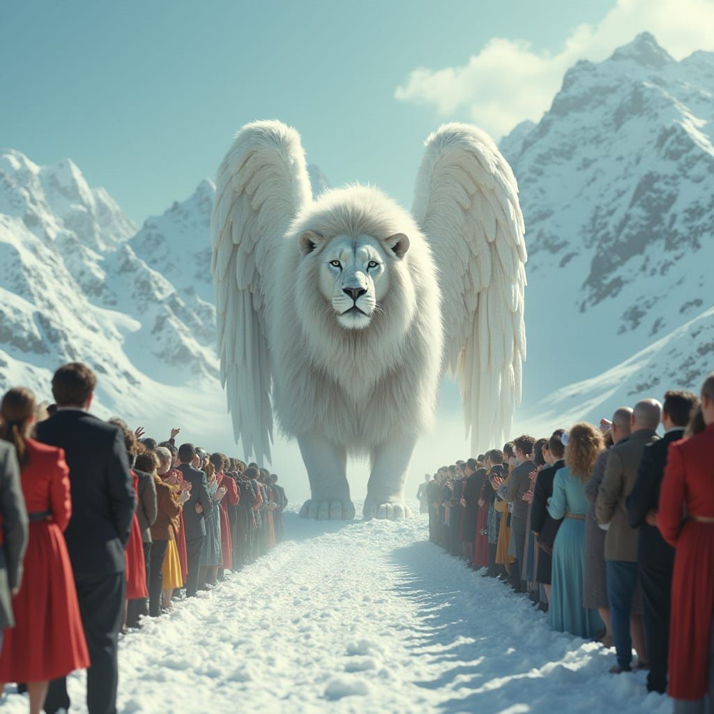 Winged White Lion King on Snowy Mountain
